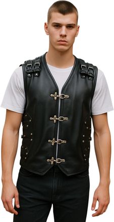 Infinity Leather Mens Black Biker Leather Waistcoat Metal Buckles Vest - Oudtshoorn
