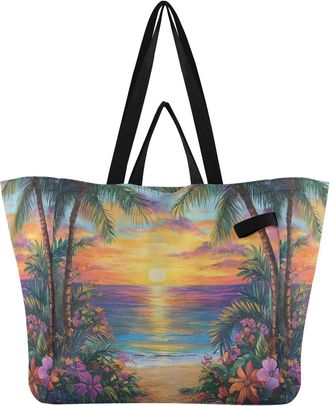Generic Palm Beach Sunset Golden pattern Reusable Canvas Tote Bag, Heavy Duty Grocery Shopping Bag with Hard Bottom Double Handles Large Capacity Work Groceri