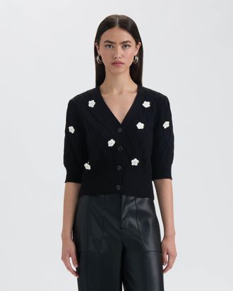 NVLT Womens Button Front Cardigan with 3D Appliques