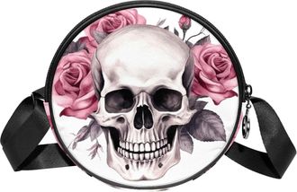 Generic Circle Crossbody Bag for Women, Skulls Flowers Small Sling Bag Daypack with Zipper Adjustable Shoulder Straps Casual Ladies Girls Round Purse
