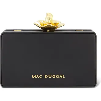 Mac Duggal Nappa Leather Gold Rose Detail Box Clutch Bag in Black at Nordstrom
