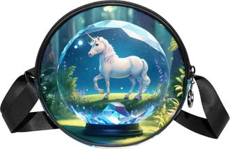 Generic Circle Crossbody Bag for Women, Unicorn Crystal Ball Small Sling Bag Daypack with Zipper Adjustable Shoulder Straps Casual Ladies Girls Round Purse