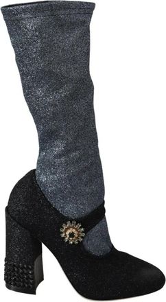 Dolce & Gabbana Glamoureuze met kristallen versierde booties - Dames - Laarzen met Hak - Zwart - 38 EU - Nylon - Schoenen