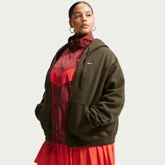 Nike Womens Studio Fleece Medium Weight Oversized Full-Zip Hoodie in Brown | IW4710-212
