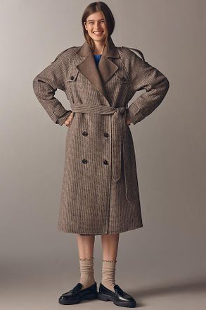 Line & Dot Henry Plaid Wool Blend Trench Coat Jacket