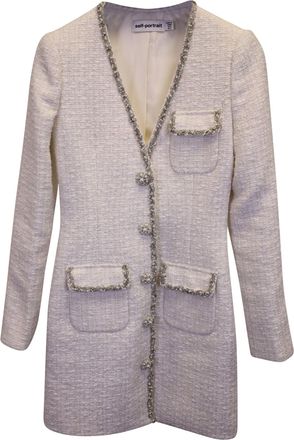 Self Portrait Crystal-Embellished Boucle Blazer Dress in White Polyester