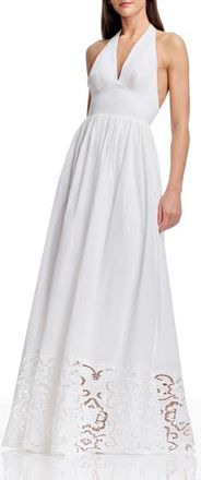 Dress The Population Nessie Cutwork Detail Cotton Halter Gown in White at Nordstrom, Size Xx-Large
