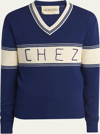 Valentino Garavani Mens Wool and Cotton Chez Jacquard V-Neck Sweater