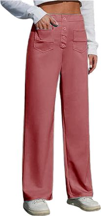 Generic Wide Leg Trousers for Women UK Tailored Office Work Stretch Yoga Pants Ladies Elasticated High Waisted Button Multiple Pockets Pull On Straight Leg Jo