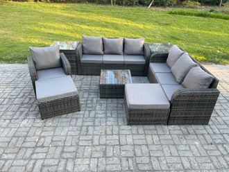Fimous 9 Seater Outdoor Rattan Garden Furniture Set Conservatory Patio Sofa Coffee Table With Reclining Chair 2 Big Footstool 2 Side Tables