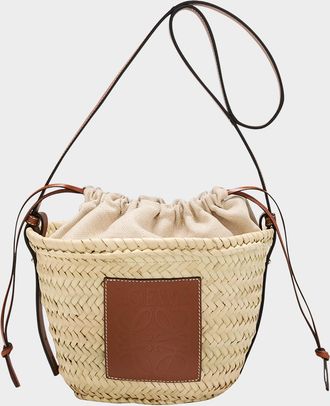 Loewe x Paulas Ibiza Basket Bucket Bag in Palm Leaf with Drawstring Pouch and Leather Strap