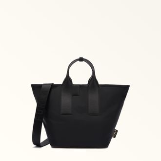 Furla Piuma Borsa Shopping Nero Nero Tessuto Di Nylon Color-block Riciclato + Pelle Stampata Donna
