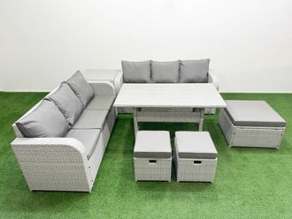 Fimous Outdoor Garden Furniture Sets 9 Seater Wicker Rattan Furniture Sofa Sets w/ Rectangular Dining Table high Back Lounge Sofa 3 Stools Side Table