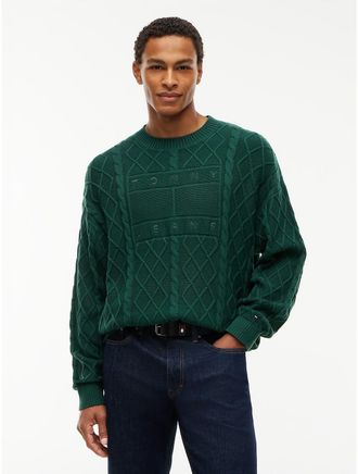 Tommy Hilfiger Mens Tommy Jeans Flag Logo Cable Knit Sweater - Velvet Green - XL