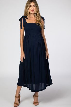 Pinkblush Smocked Tie Strap Midi Dress in Navy Blue at Nordstrom, Size Small