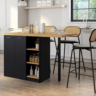 IDMarket Idmarket - Cesar Isla Central De 140 Cm En Madera Negra Con Encimera Efecto Haya