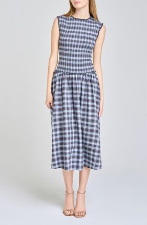 Wayf Adeline Smocked Cotton Midi Dress in Blue at Nordstrom, Size X-Large