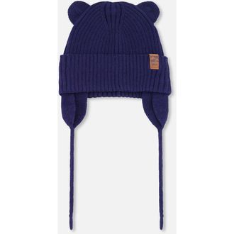 Deux par Deux Gender Inclusive Logo Patch Ribbed Knit Hat in Navy Blue at Nordstrom, Size 18-24 M
