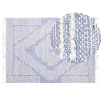 Beliani Alfombra De Algod&oacute;n Azul Blanco Crema 140 X 200 Cm Geom&eacute;trico Tribal Borlas Ansar
