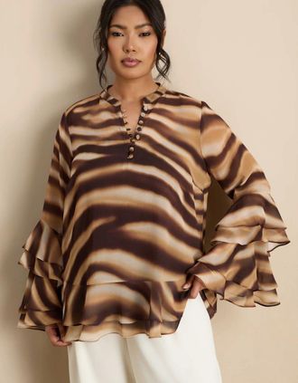Live Unlimited London Womens Brown Abstract Print Ruffle Blouse - Multi - Size: 28