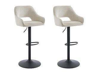 Vente-Unique Conjunto de 2 taburetes de bar de pana y metal negro - Altura ajustable - Crema - ZINEA