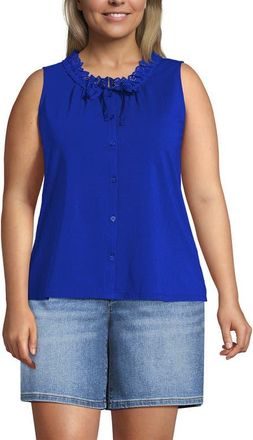 Lands End Lightweight Jersey Button Front Lace Trim Tank in Vibrant Lapis at Nordstrom, Size 1X