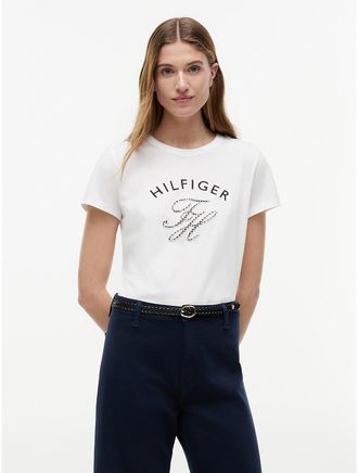 Tommy Hilfiger Womens Gingham Script Monogram T-Shirt - White - XXL