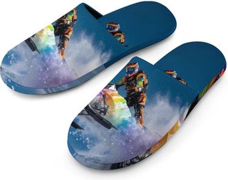 Generic Colorful Snowmobile Player Sport Mens Slippers Warm Non-Slip Houes Shose Spa Slipper for Home Bedroom