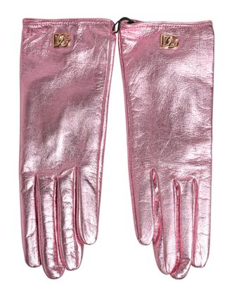 Dolce & Gabbana Pink Leather DG Logo Wrist Length Mitten Womens Gloves