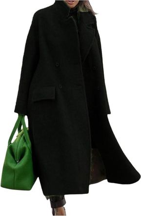 Generic Womens Fall and Winter Double-breasted Elegant Warm Long Wool Blend Coat Fashion Classic Lapel Oversized Business Casual Coat (Black,XL)