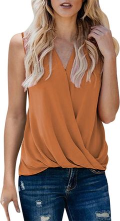 Generic Chiffon V Neck Vest Tops for Women UK Loose Fit Pleated Crossover Womens Tank Top Sleeveless Ladies Summer Shirts Lightweight Blouse Loose Casual Vest