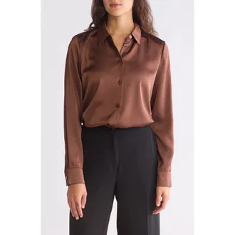 Vince Camuto Satin Long Sleeve Button-Up Shirt in Cocoa at Nordstrom Rack, Size X-Small