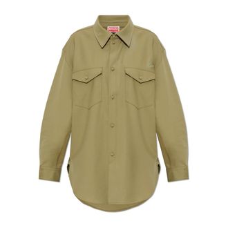 Kenzo Shirts, female, Green, Size: XS Wool Shirt with Embroidered Logo