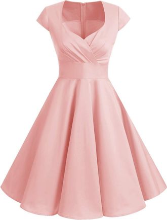 Bbonlinedress Womens 50s 60s A Line Rockabilly Dress Cap Sleeve Vintage Swing Party Dress Blush S