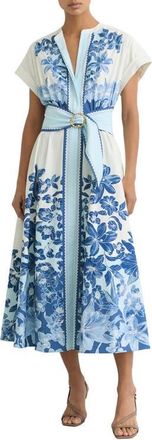 Reiss Sawyer Belted Midi Dress in Blue/Ivory at Nordstrom, Size 12 Us