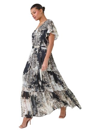 Roman Womens Animal Print Shimmer Tiered Maxi Dress - Brown - Size 12 UK