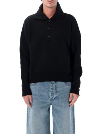 Ami Interlock Knit Sweater with High Buttoned Neck and Discreet Patch