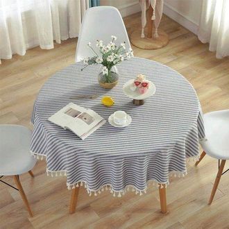 OEM Mantel Redondo Con Estampado De Rayas Azules Y Blancas Y Flecos (&oslash; 150 Cm) - Aspecto De Lino, Estilo R&uacute;stico, Para Mesas Redondas