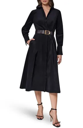 DKNY Belted Corduroy Midi Shirtdress in Black at Nordstrom, Size 16