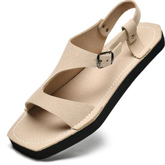 Generic Mens Leather Open Square Toe Lightweight Flats Sandals with Adjustable Strap Comfortable Non-Slip Hand Sewing Outdoor Sandals for Casual Beach Daily (