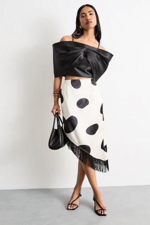 Warehouse Womens Abstract Printed Satin Fringed Midi Skirt - Monochrome Multi - Size 18 UK