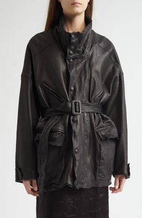 Nackiy&eacute; Oversize Belted Leather Coat in Noir at Nordstrom, Size 6 Us