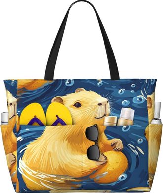 Generic Cute Capybara Print Large Beach Bag Foldable Travel Shoulder Tote Bag With Pocket For Weekender Pool Vacation