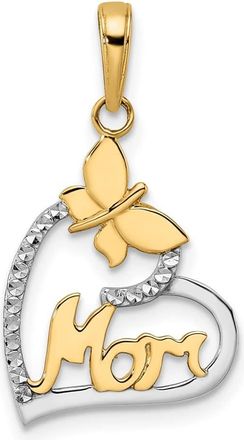 Diamond2Deal 14k Yellow Gold White Rhodium Diamond-cut Butterfly Mom in Heart Pendant