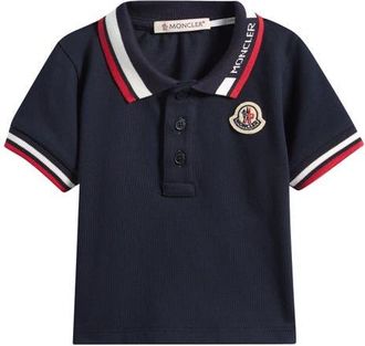 Moncler Kids Tipped Logo Patch Stretch Cotton Piqu&eacute; Polo in Navy Blue at Nordstrom, Size 18-24M