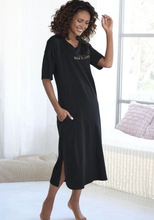 Vivance Nachthemd VIVANCE DREAMS, Damen, Gr. 32/34, N-Gr, schwarz, Single Jersey, Obermaterial: 100% Baumwolle, unifarben, oversize wadenlang, Rundhals, Kleid