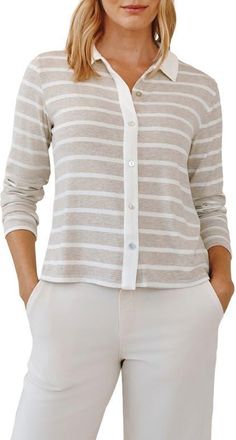 Bella Dahl Stripe Contrast Placket Knit Button-Up Shirt in Sand Stripe at Nordstrom, Size X-Small