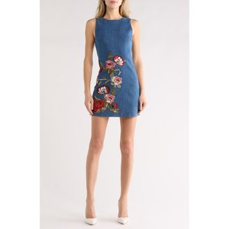 Alice & Olivia Cade Floral Embroidered Sleeveless Denim Dress in Brooklyn Blue/Multi at Nordstrom Rack, Size 6