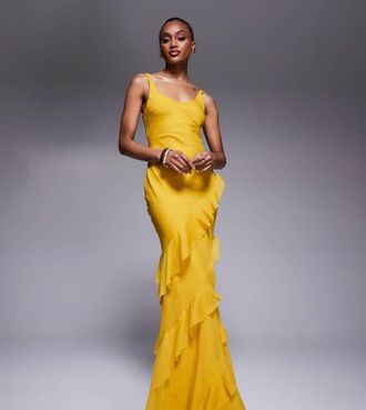 Asos Tall ASOS DESIGN Tall - Vestito lungo color senape con scollo rotondo, gonna con volant e cut-out sul retro-Giallo