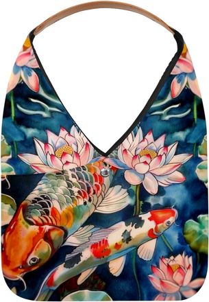 Generic Japanese Koi Fish Lotus Reusable Lightweight Grocery Bags - Foldable Into Compact Pouch, Washable & Sturdy, Multipurpose for Shopping and Travel